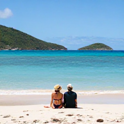 Caribbean Holidays, US Virgin Islands Couples, Couple relaxing on a peaceful Caribbean beach with turquoise water and green hills in the background