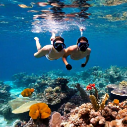 Caribbean Holidays, US Virgin Islands Couples, Couple snorkelling above a colourful coral reef in clear Caribbean water near the United States Virgin Islands
