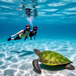 Caribbean Holidays, US Virgin Islands Couples, Couple snorkelling in clear shallow water beside a green sea turtle in St John National Park