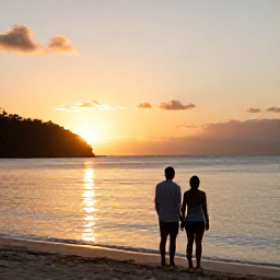 Caribbean Holidays, US Virgin Islands Couples, Couple watching a warm Caribbean sunset from a quiet beach in St Thomas, United States Virgin Islands