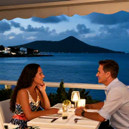 Caribbean Holidays, US Virgin Islands Couples Holidays, Couple dining outdoors at a stylish Caribbean restaurant overlooking Charlotte Amalie harbour at dusk