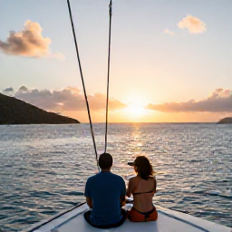 Caribbean Holidays, US Virgin Islands Couples Holidays, Couple enjoying a sunset sailing trip on calm Caribbean waters near the United States Virgin Islands