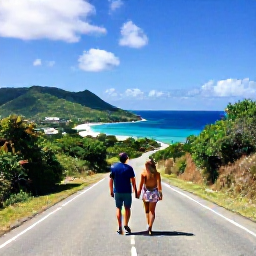 Caribbean Holidays, US Virgin Islands Couples Holidays, Couple exploring a scenic tropical road with ocean views and green hills on St Croix, United States Virgin Islands