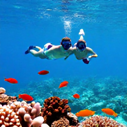 Caribbean Holidays, US Virgin Islands Couples Holidays, Couple snorkelling together in clear turquoise Caribbean water beside colourful fish and coral in the United States Virgin Islands