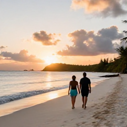 Caribbean Holidays, US Virgin Islands Couples Holidays, Couple walking along a quiet white-sand beach at sunset on St John in the United States Virgin Islands