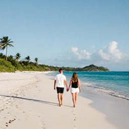 Caribbean Holidays, US Virgin Islands Couples Holidays, Couple walking hand in hand along a quiet white sand beach in St John, United States Virgin Islands, warm July sunshine