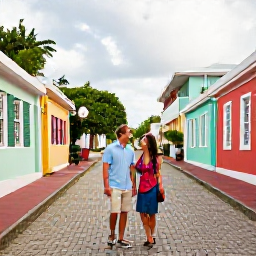 Caribbean Holidays, US Virgin Islands Couples Holidays, Happy couple exploring a colourful historic Caribbean street in Christiansted, St Croix, United States Virgin Islands