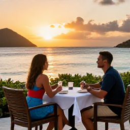 Caribbean Holidays, US Virgin Islands Couples Holidays, Outdoor table for two at a Caribbean restaurant overlooking the sea at sunset in the United States Virgin Islands