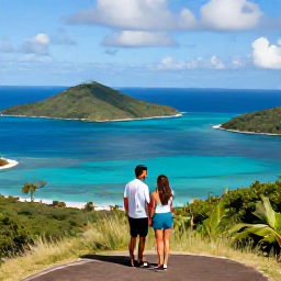 Caribbean Holidays, US Virgin Islands Couples Holidays, Romantic coastal view from a hilltop overlooking turquoise water and green islands in the United States Virgin Islands