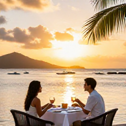Caribbean Holidays, US Virgin Islands Couples, Romantic seaside restaurant table for two at sunset in the United States Virgin Islands, with Caribbean views