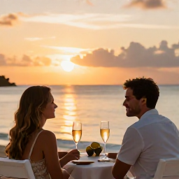 Caribbean Holidays, US Virgin Islands Couples, Romantic sunset over Magens Bay in St Thomas, with two glasses of sparkling wine on a beach table