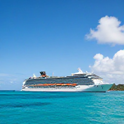 Caribbean Holidays, US Virgin Islands Cruises, A modern cruise ship approaching the turquoise coastline of St Thomas in the United States Virgin Islands under a bright Caribbean sky