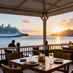 Caribbean Holidays, US Virgin Islands Cruises, Relaxed outdoor restaurant serving Caribbean food near a scenic harbour at sunset in the US Virgin Islands