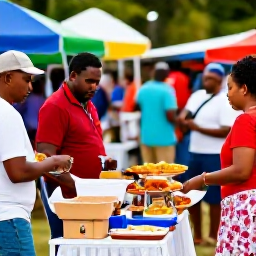 Caribbean Holidays, US Virgin Islands Culture, Traditional Caribbean food, local craft stalls and musicians at a lively cultural gathering on St Croix, United States Virgin Islands