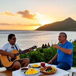 Caribbean Holidays, US Virgin Islands Culture, Traveller enjoying a relaxed cultural holiday with Caribbean food, local music and sunset views in the United States Virgin Islands
