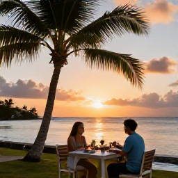 Caribbean Holidays, US Virgin Islands December, A couple enjoying a sunset dinner beside the sea on St Croix, with palm trees and warm evening light
