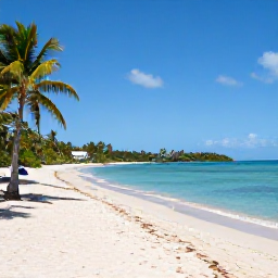 Caribbean Holidays, US Virgin Islands December, A wide sandy beach on St Thomas in the United States Virgin Islands, bright December sunshine, calm turquoise water and a few palm trees