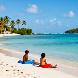 Caribbean Holidays, US Virgin Islands, Family enjoying a sunny December beach day with calm turquoise water and palm trees on St Thomas, United States Virgin Islands