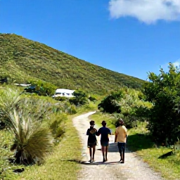 Caribbean Holidays, US Virgin Islands Family Holidays, A family exploring the green hills and coastal views of St John in the United States Virgin Islands, with a simple island trail and tropical scenery