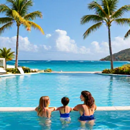 Caribbean Holidays, US Virgin Islands Family Holidays, A happy family relaxing beside a Caribbean resort pool in the United States Virgin Islands, with palm trees, bright sunshine and the sea in the background