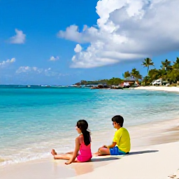 Caribbean Holidays, US Virgin Islands Family Holidays, A happy family relaxing on a sunny Caribbean beach in the United States Virgin Islands during August, with calm turquoise water and palm trees