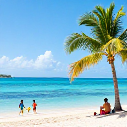 Caribbean Holidays, US Virgin Islands Family Holidays, A relaxed family scene on a bright Caribbean beach in the United States Virgin Islands, with children paddling in calm turquoise water and parents under a palm tree