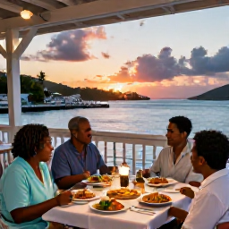 Caribbean Holidays, US Virgin Islands Family Holidays, A welcoming family meal at an outdoor waterfront restaurant in the United States Virgin Islands, with Caribbean dishes and a colourful sunset harbour view