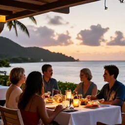Caribbean Holidays, US Virgin Islands Family Holidays, Family enjoying an outdoor Caribbean dinner at a relaxed restaurant in the US Virgin Islands at sunset, with island scenery in the background