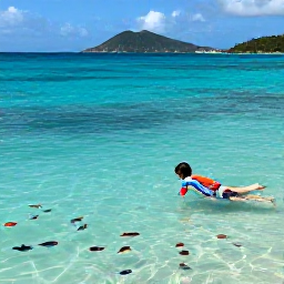 Caribbean Holidays, US Virgin Islands Family Holidays, Family snorkelling in clear shallow water near a sandy beach in the US Virgin Islands, with colourful fish visible beneath the surface