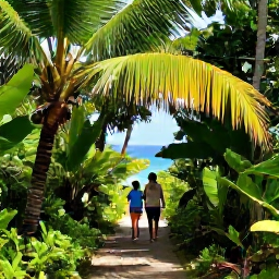 Caribbean Holidays, US Virgin Islands Family Holidays, Family walking along a shaded tropical trail in Virgin Islands National Park on St John, with lush vegetation and glimpses of the sea