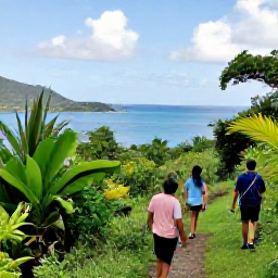 Caribbean Holidays, US Virgin Islands, Family walking along a green tropical trail in Virgin Islands National Park with sea views and Caribbean vegetation