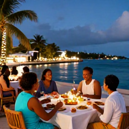Caribbean Holidays, US Virgin Islands, Festive family evening at a Caribbean waterfront with twinkling lights, local food and a relaxed December atmosphere in the US Virgin Islands