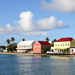 Caribbean Holidays, US Virgin Islands, Historic Christiansted waterfront on St Croix with colourful buildings, palm trees and calm Caribbean sea