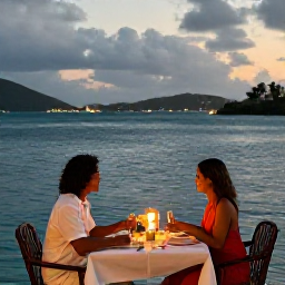 Caribbean Holidays, US Virgin Islands Honeymoons, A couple enjoying a candlelit dinner beside the sea at a Caribbean resort on St Thomas