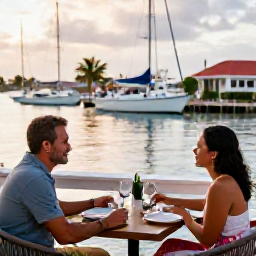 Caribbean Holidays, US Virgin Islands Honeymoons, A couple sharing a relaxed dinner at a waterfront restaurant in Christiansted, St Croix, with boats in the harbour