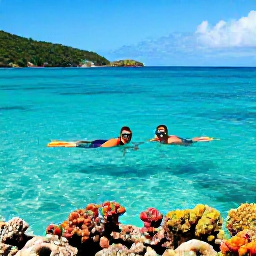 Caribbean Holidays, US Virgin Islands Honeymoons, A couple snorkelling in clear turquoise water over colourful coral near a tropical beach in the US Virgin Islands