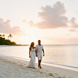 Caribbean Holidays, US Virgin Islands Honeymoons, A newly married couple walking along a quiet white-sand beach at sunset on St John, United States Virgin Islands