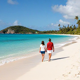 Caribbean Holidays, US Virgin Islands Honeymoons, Couple walking hand in hand along a quiet white-sand beach in St Lucia-style Caribbean scenery, clear turquoise water, warm April sunshine