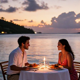 Caribbean Holidays, US Virgin Islands Honeymoons, Romantic Caribbean dinner for two on a waterfront terrace in the US Virgin Islands, candles, fresh seafood and sunset sky