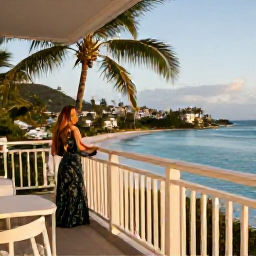 Caribbean Holidays, US Virgin Islands Honeymoons, Romantic luxury beach resort in St Thomas, private balcony, palm trees, turquoise Caribbean sea and golden afternoon light