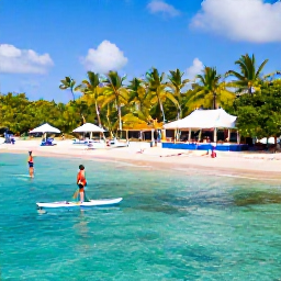 Caribbean Holidays, US Virgin Islands Instagram, Colourful seaside scene at Secret Harbour on Saint Thomas, paddleboarders in clear water, palm trees and a relaxed beach bar