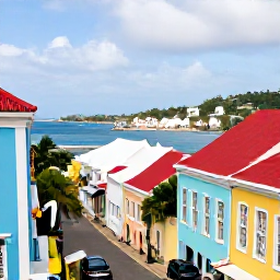 Caribbean Holidays, US Virgin Islands Instagram Hotspots, A colourful historic street in Charlotte Amalie, St Thomas, with pastel buildings, red roofs and a view towards the harbour