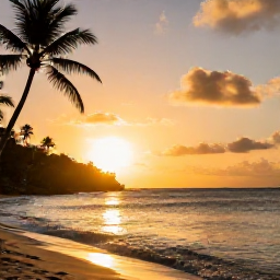 Caribbean Holidays, US Virgin Islands Instagram Hotspots, A golden sunset over the Caribbean Sea from a beach in the US Virgin Islands, with palm silhouettes and gentle waves