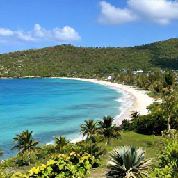 Caribbean Holidays, US Virgin Islands Instagram Hotspots, Magens Bay on St Thomas viewed from above, with a sweeping crescent of white sand, turquoise sea and lush tropical hills