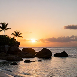 Caribbean Holidays, US Virgin Islands Instagram, Sunset overlooking the Caribbean Sea from Lindquist Beach on Saint Thomas, warm sky, rocks, palms and calm shallow water