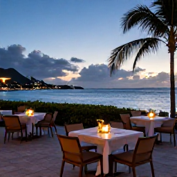 Caribbean Holidays, US Virgin Islands July, A relaxed Caribbean evening at an all-inclusive resort in the US Virgin Islands, outdoor dining, soft lights and sunset over the sea