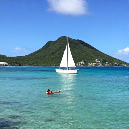 Caribbean Holidays, US Virgin Islands July, A sailing boat cruising between the green islands of the US Virgin Islands, clear Caribbean water, snorkellers and a sunny July sky