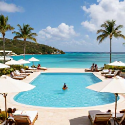 Caribbean Holidays, US Virgin Islands July, An elegant all-inclusive resort pool overlooking the Caribbean on Saint Thomas, sun loungers, palm trees and guests enjoying a peaceful July afternoon