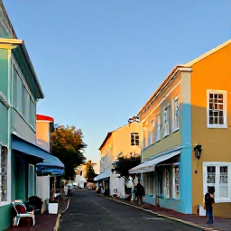 Caribbean Holidays, US Virgin Islands June, Colourful historic streets of Charlotte Amalie, St Thomas, with Danish colonial buildings, small shops and pedestrians exploring in warm afternoon light