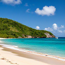 Caribbean Holidays, US Virgin Islands June, Green tropical landscape and quiet beach on St John, United States Virgin Islands, with clear blue sea and a small boat offshore